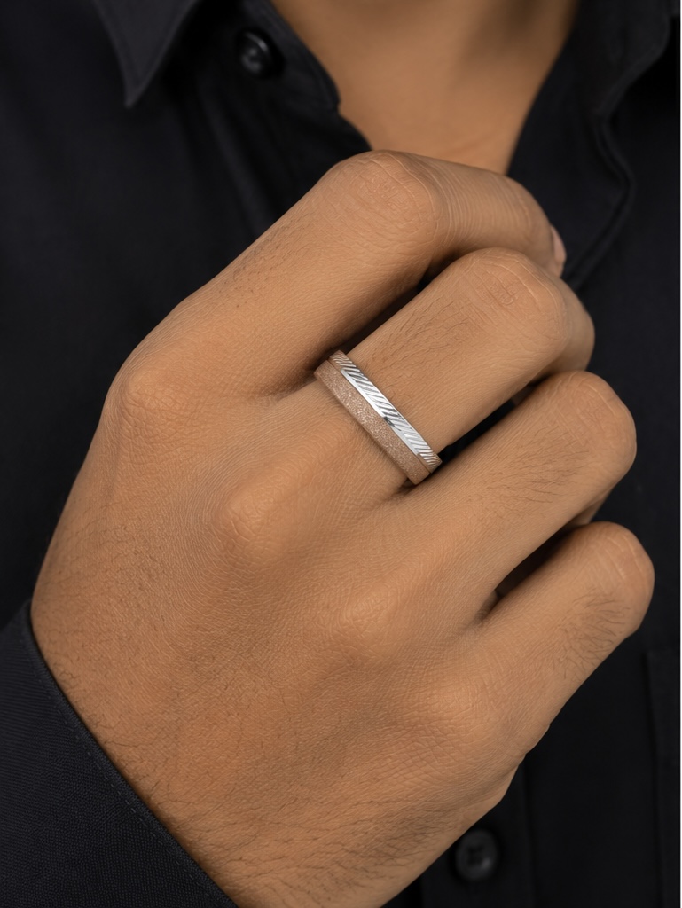 925 Sterling Silver Rose Gold Men’s Band Ring | Two-Tone Designer Gents Ring R0682