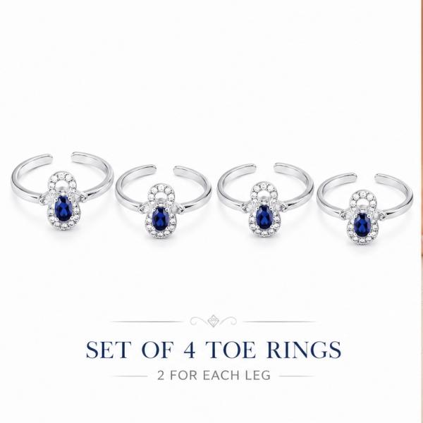 Set of 4 Adjustable 925 Sterling Silver Toe Rings with Blue Stones | Saanvi Silver B496