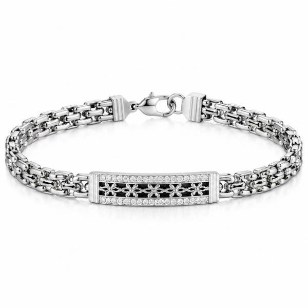 Men’s 925 Sterling Silver Designer Bracelet with CZ Centre Bar | Premium Gents Silver Bracelet BR298