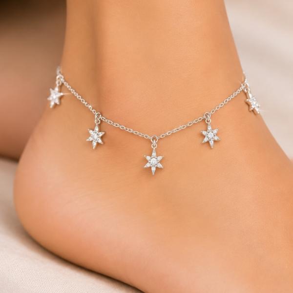 925 Sterling Silver Star Charm Anklet for Women | Adjustable Single Anklet | Saanvi Silver PY075