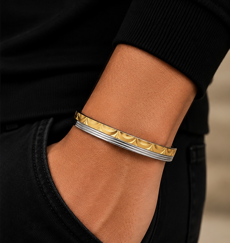 925 Sterling Silver Gold-Tone Men’s Kada | Premium Two-Tone Designer Bracelet KADA283