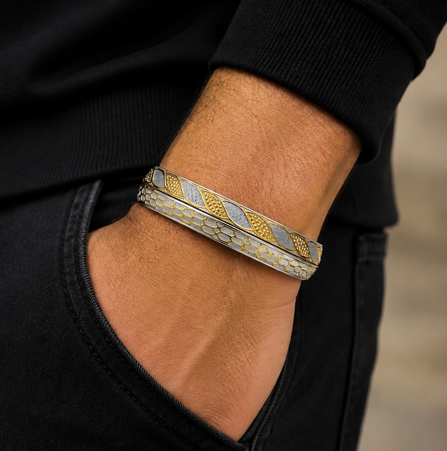 925 Sterling Silver Gold-Tone Men’s Kada | Premium Two-Tone Designer Bracelet | 48.680g KADA258