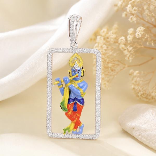 925 Sterling Silver Lord Krishna Standing Pendant with CZ Frame | Hallmarked Religious Silver Pendant LK244