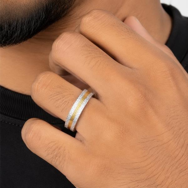 925 Sterling Silver Dual Tone Men’s Band Ring | Gold Plated Designer Wedding Band R0366