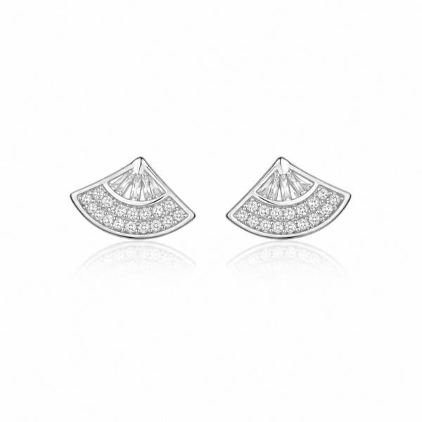 925 Sterling Silver Fan Shape Designer CZ Stud Earrings | Elegant Modern Silver Earrings ER258