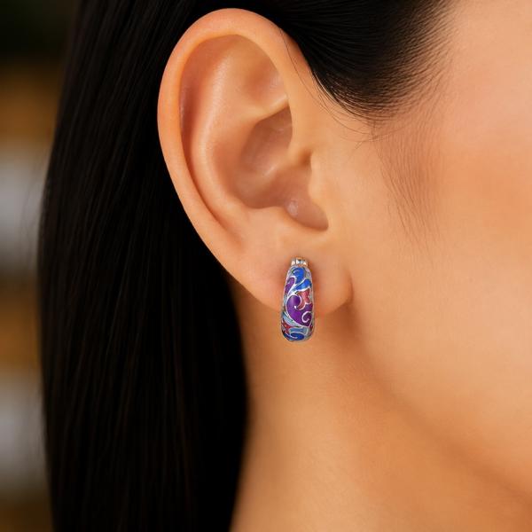 925 Sterling Silver Blue & Purple Enamel Hoop Earrings | Luxury Designer Silver Earrings ER073