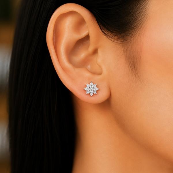925 Sterling Silver Snowflake Flower CZ Stud Earrings | Premium Designer Earrings for Women ER253