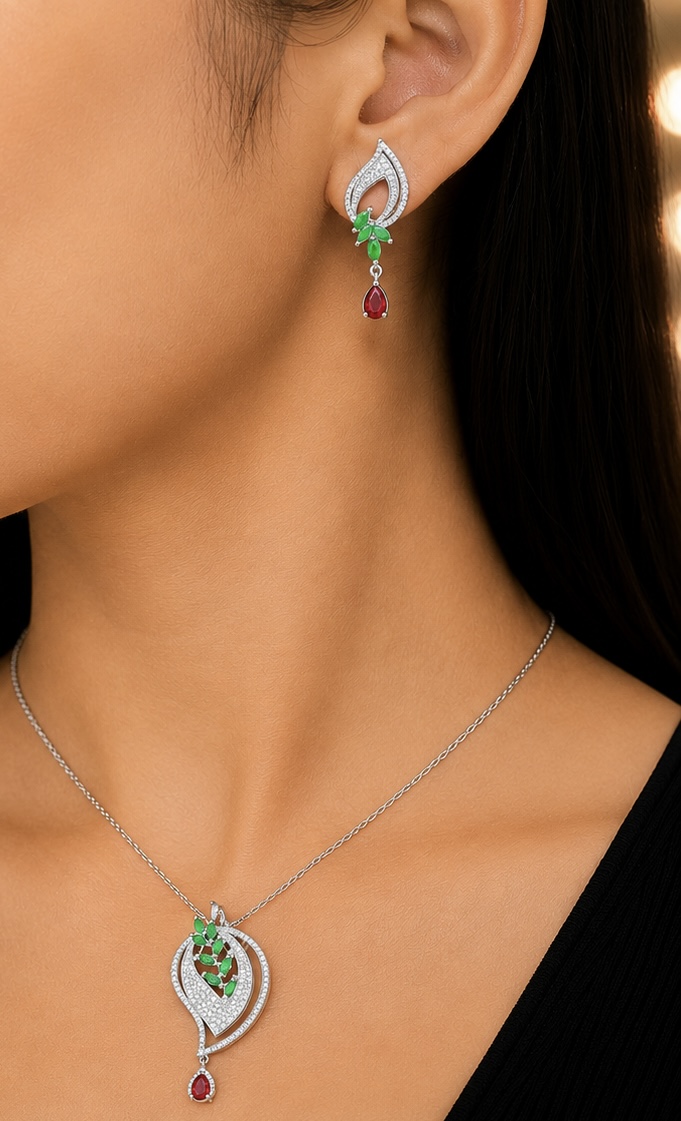 925 Sterling Silver Red & Green Stone Pendant Set with Earrings | Designer Party Wear Jewellery Set | PS068