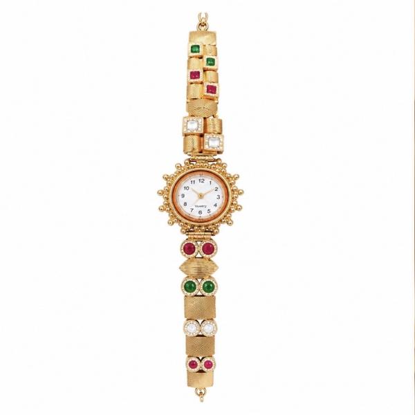 925 Sterling Silver Gold Plated Traditional Ladies Watch | Ruby, Emerald & CZ Designer Bracelet Watch SWH002