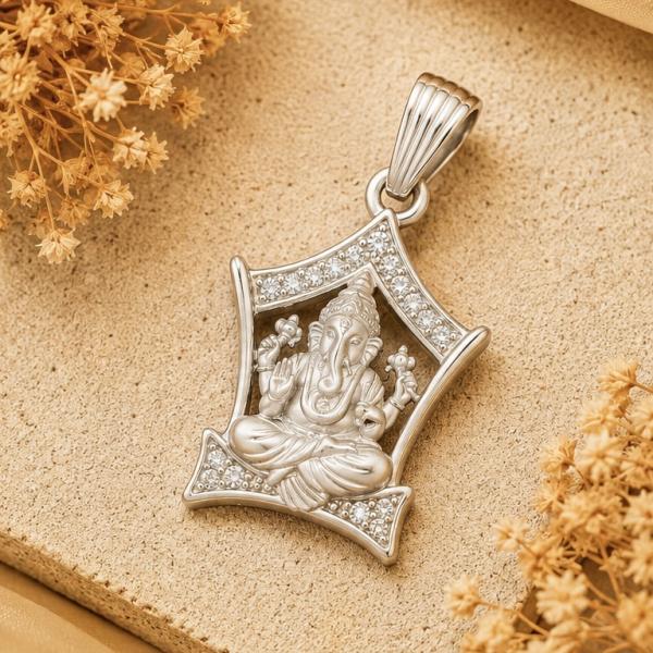 925 Sterling Silver Lord Ganesha Frame Pendant with CZ Stones | Designer Ganesh Silver Locket LK138