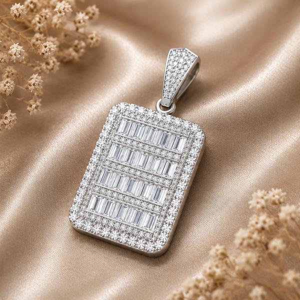 925 Sterling Silver Rectangle Baguette CZ Pendant Locket | Luxury Designer Silver Pendant LK281
