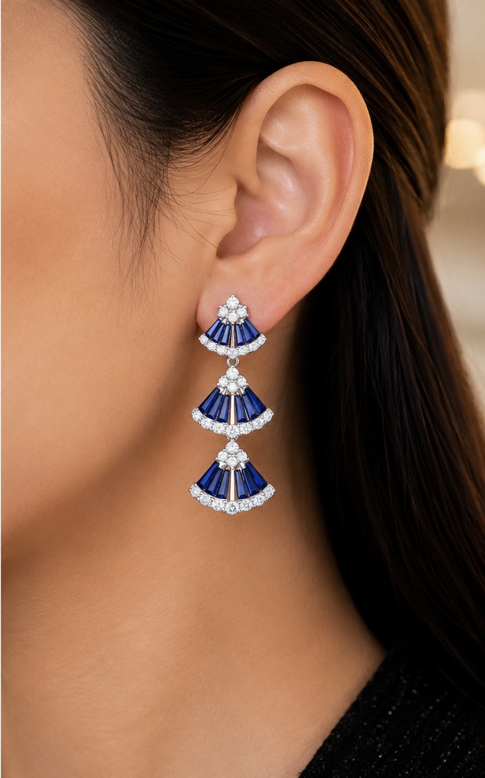 925 Sterling Silver Blue & White Stone Earrings | Elegant Party Wear Earrings ER002