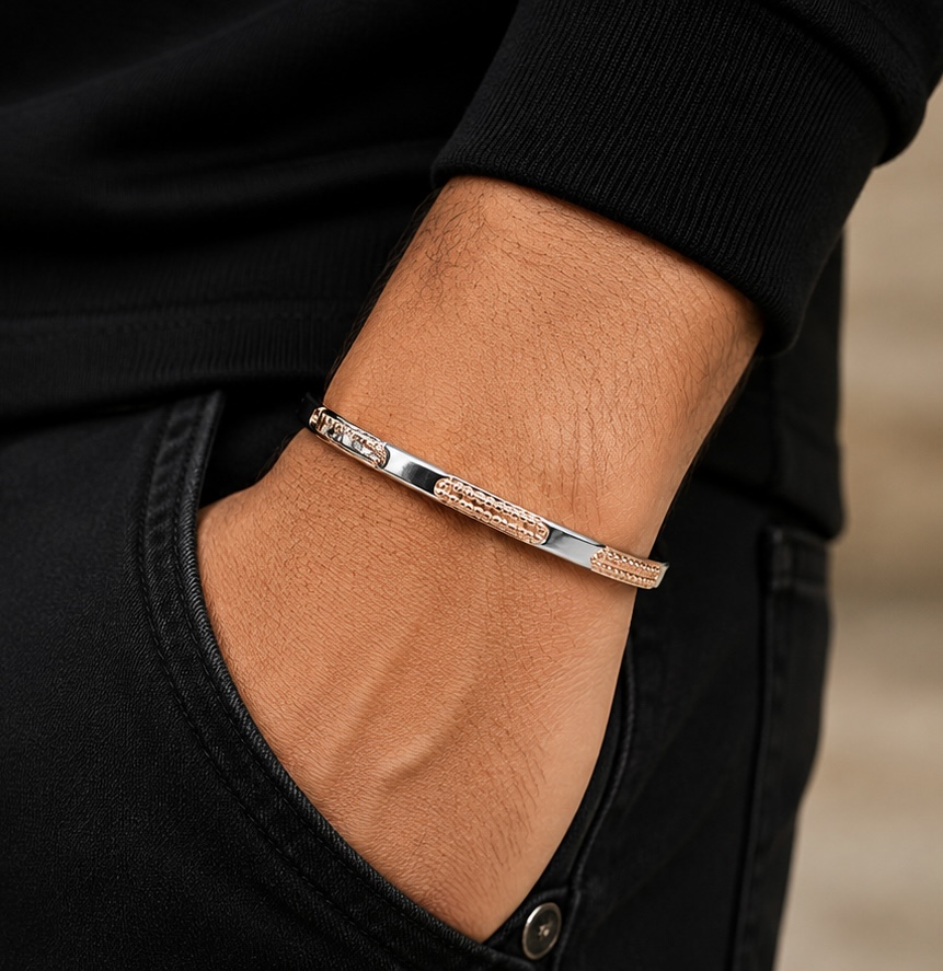 925 Sterling Silver Rose Gold Men’s Kada | Premium Two-Tone Designer Bracelet KADA280