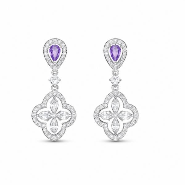 925 Sterling Silver Purple Stone Designer Drop Earrings | Luxury Party Wear Earrings ER087