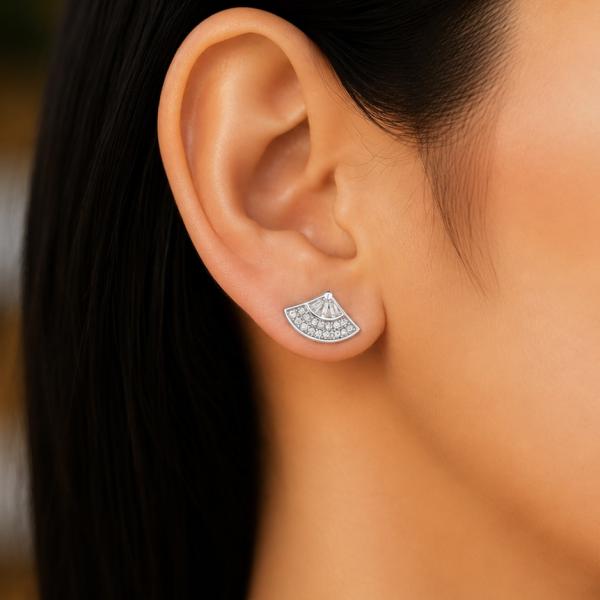 925 Sterling Silver Fan Shape Designer CZ Stud Earrings | Elegant Modern Silver Earrings ER258