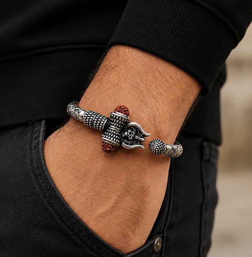 925 Sterling Silver Rudraksh Om Kada for Men | Antique Oxidized Spiritual Kada KADA252