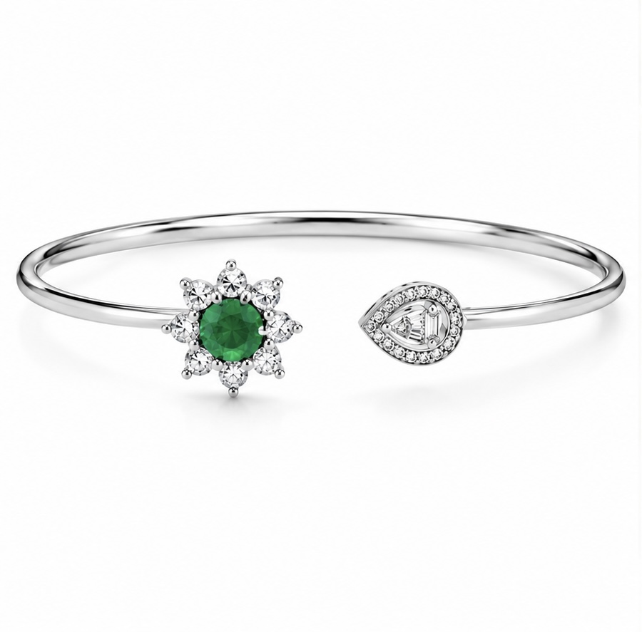 925 Sterling Silver Green Stone Open Kada Bracelet for Women | Elegant Floral Daily Wear Bracelet BR035