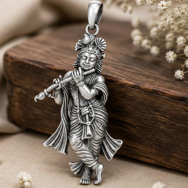 925 Sterling Silver Lord Krishna Playing Flute Pendant Locket | Hallmarked Religious Silver Pendant LK077