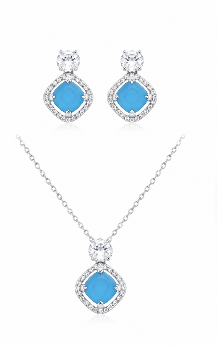 925 Sterling Silver Aqua Blue Stone Pendant Set with Earrings | Elegant Daily Wear Jewellery Set NKL70