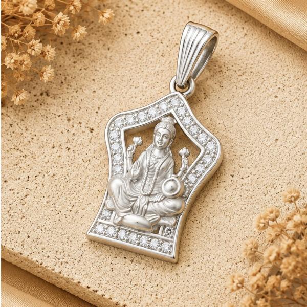 925 Sterling Silver Goddess Saraswati Pendant with CZ Stones | Divine Knowledge Pendant LK178