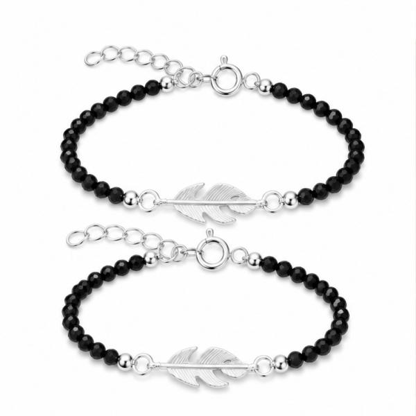 Feather Charm Black Bead Baby Bracelet Pair in Sterling Silver PY043