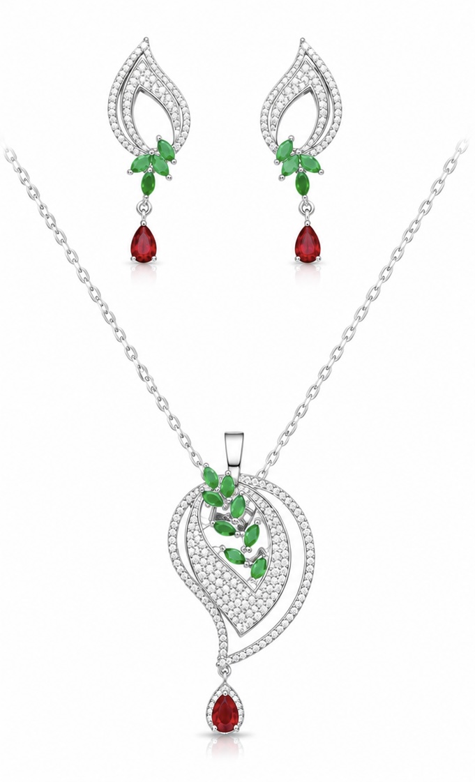 925 Sterling Silver Red & Green Stone Pendant Set with Earrings | Designer Party Wear Jewellery Set | PS068
