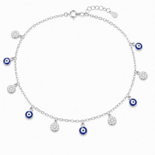 925 Sterling Silver Evil Eye Charm Anklet Pair with CZ Charms | Adjustable Silver Payal | Saanvi Silver PY861