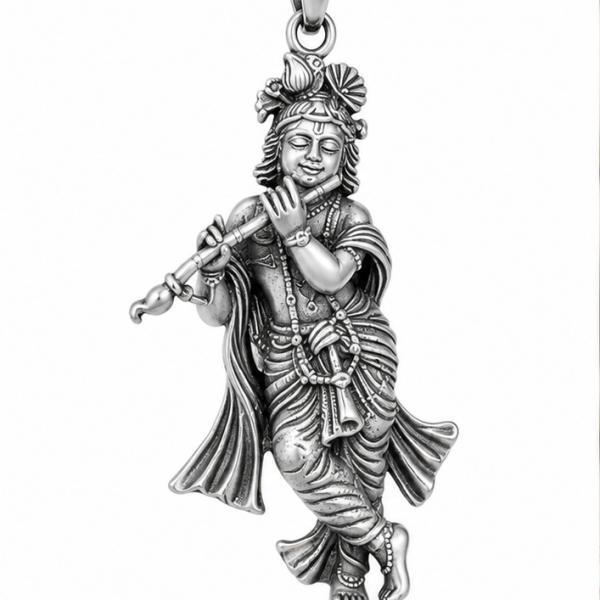 925 Sterling Silver Lord Krishna Playing Flute Pendant Locket | Hallmarked Religious Silver Pendant LK077
