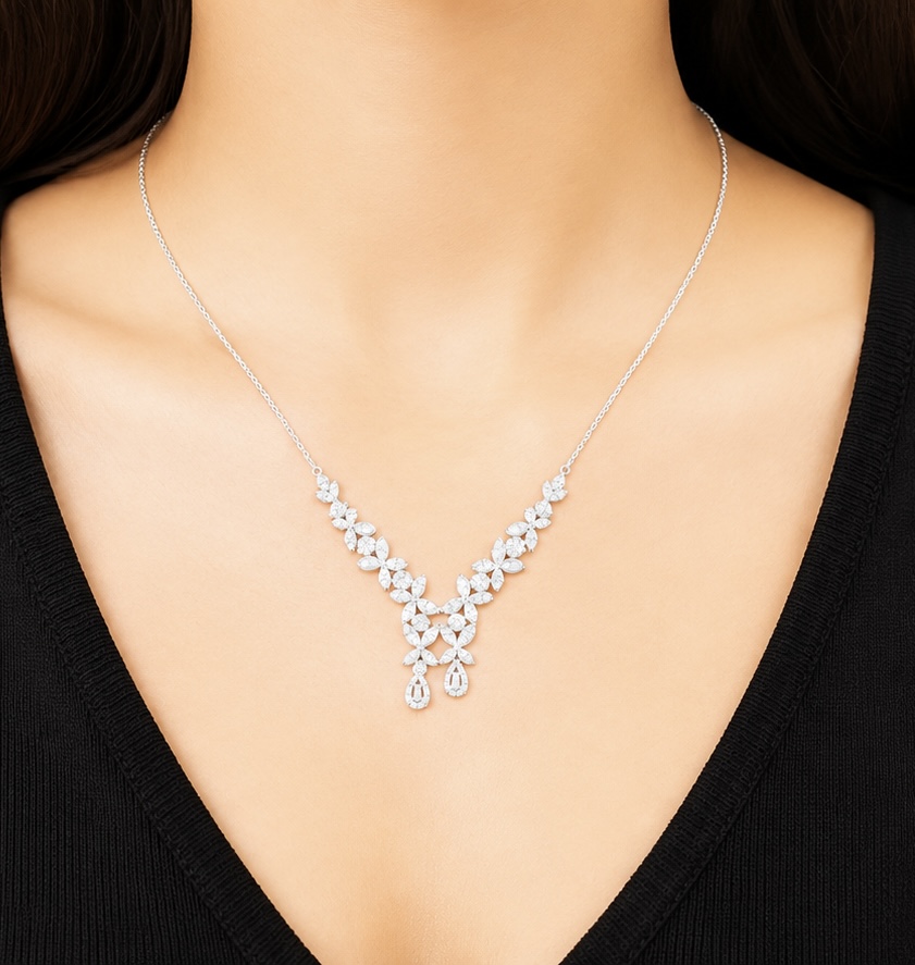 925 Sterling Silver White Floral Statement Necklace | Luxury Party Wear Necklace for Women NKL67