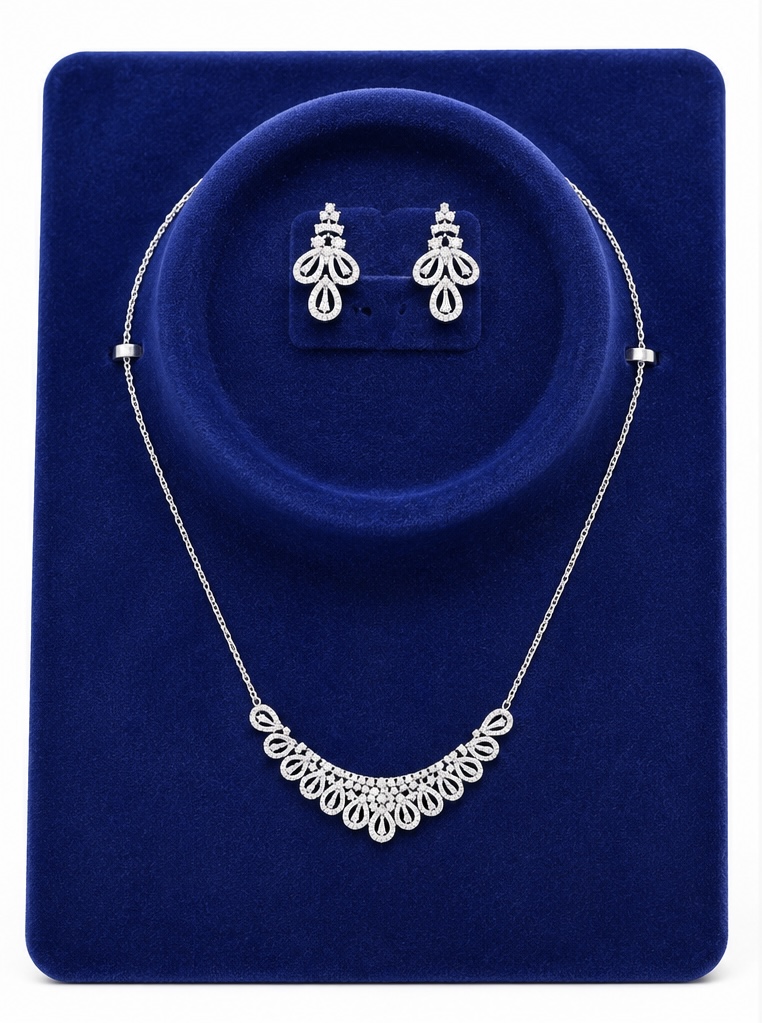 925 Sterling Silver White Stone Necklace Set with Earrings | Lightweight Daily Wear Jewellery Set Nkl68