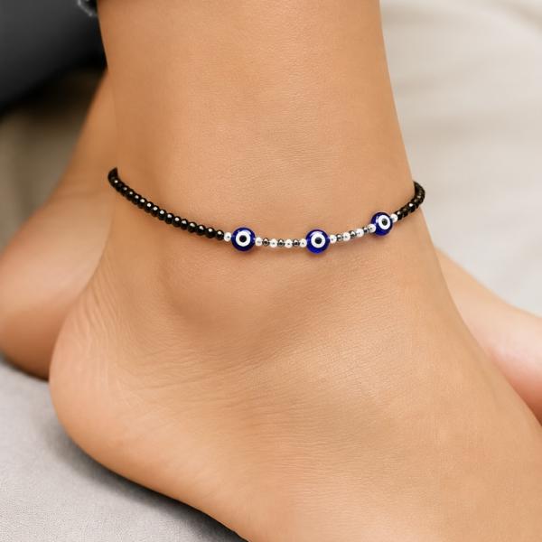 925 Sterling Silver Evil Eye Black Beads Anklet Pair for Women | Adjustable Nazar Protection Payal | Saanvi Silver PY037