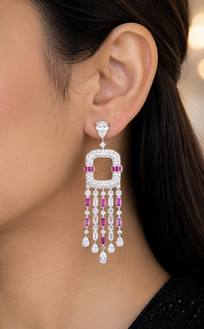925 Sterling Silver Ruby & White Stone Party Earrings | Luxury Statement Earrings