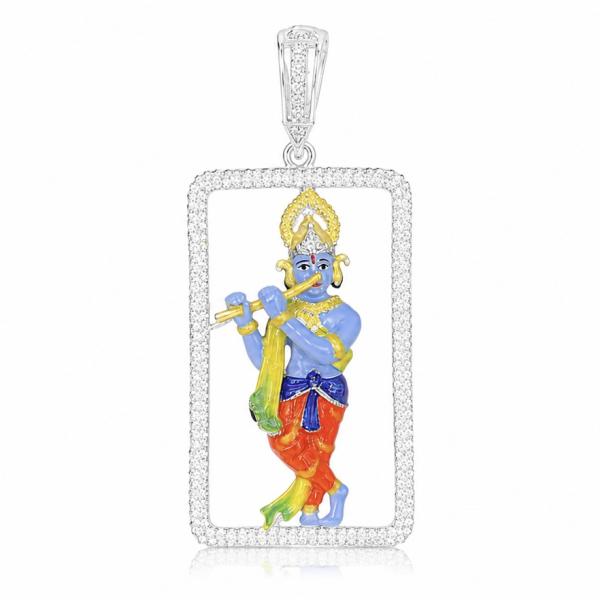 925 Sterling Silver Lord Krishna Standing Pendant with CZ Frame | Hallmarked Religious Silver Pendant LK244