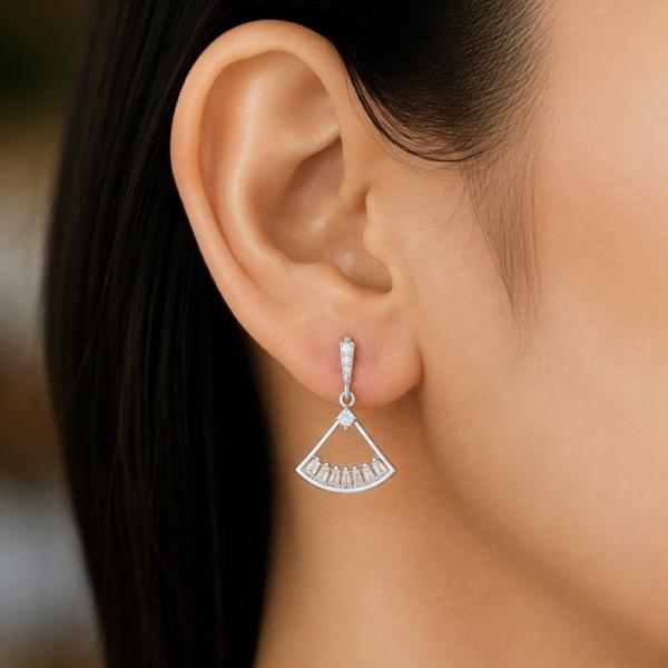 925 Sterling Silver Fan Shape Drop Earrings with Baguette CZ Stones | Party Wear Earrings ER004