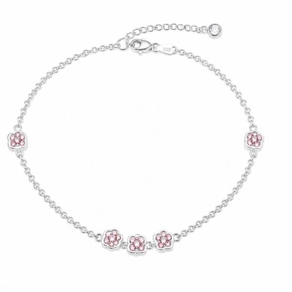 925 Sterling Silver Pink Floral Station Anklet Pair | Adjustable Designer Silver Payal | Saanvi Silver