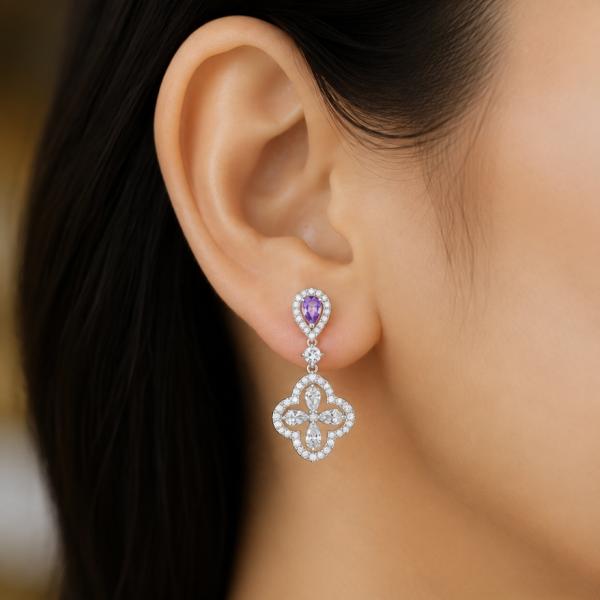 925 Sterling Silver Purple Stone Designer Drop Earrings | Luxury Party Wear Earrings ER087