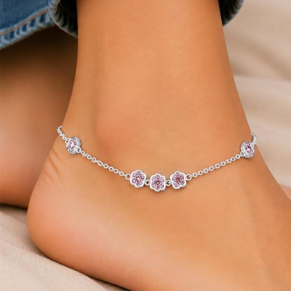 925 Sterling Silver Pink Floral Station Anklet Pair | Adjustable Designer Silver Payal | Saanvi Silver