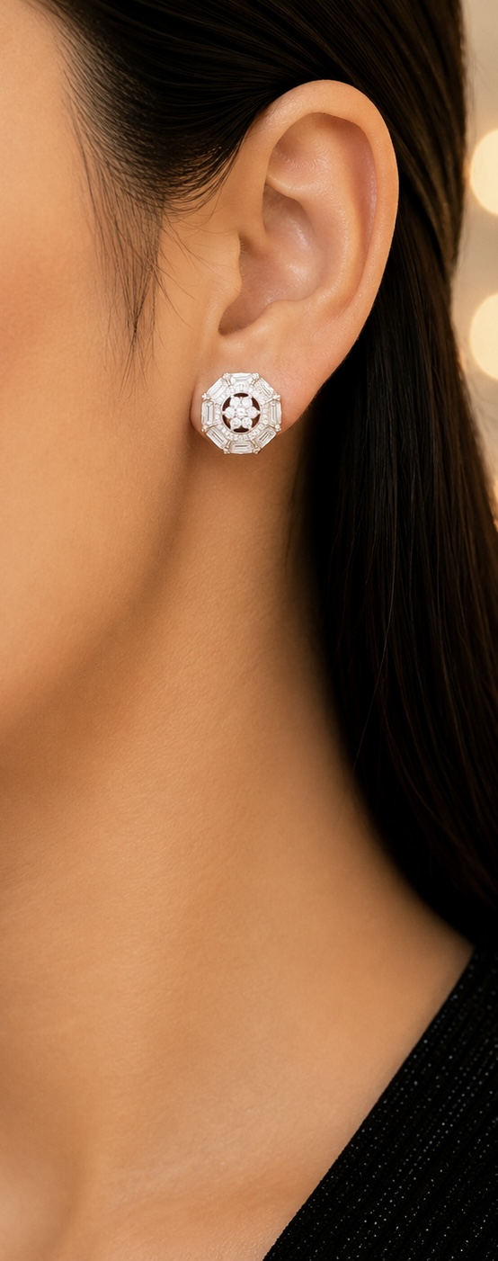 925 Sterling Silver Floral White Stone Stud Earrings | Designer Party Wear Earrings ER252