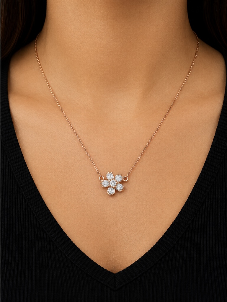 925 Sterling Silver Rose Gold Flower Pendant Necklace | Elegant Daily Wear Chain Pendant for Women PS051