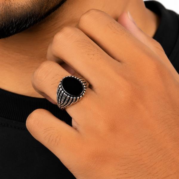 925 Sterling Silver Turkish Black Onyx Men’s Ring | Oxidised Vintage Statement Ring | Turkish Style Gents Ring R0341