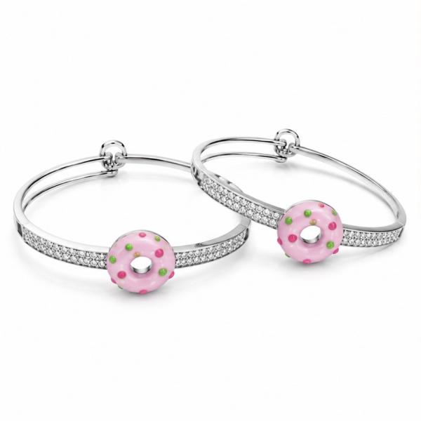 925 Sterling Silver Pink Donut Charm Baby Bracelet Pair KD105