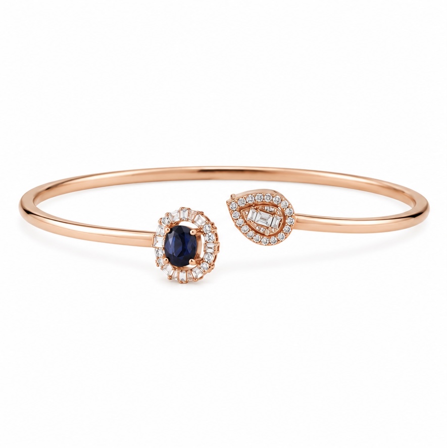 925 Sterling Silver Rose Gold Blue Stone Open Kada Bracelet for Women | Elegant Daily Wear Bracelet BR040