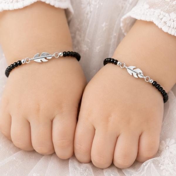 Feather Charm Black Bead Baby Bracelet Pair in Sterling Silver PY043
