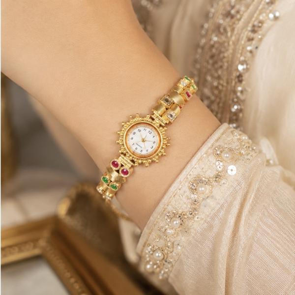 925 Sterling Silver Gold Plated Traditional Ladies Watch | Ruby, Emerald & CZ Designer Bracelet Watch SWH002