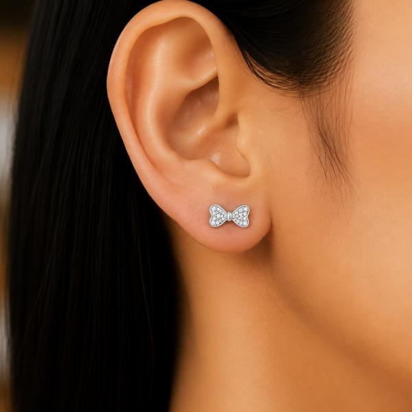 925 Sterling Silver Bow Knot CZ Stud Earrings | Cute Silver Earrings for Girls & Women ER254