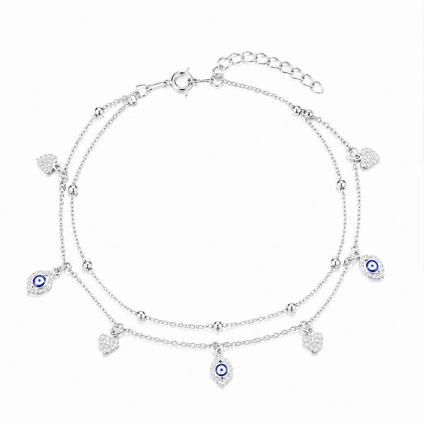 925 Sterling Silver Evil Eye & Heart Charm Anklet | Adjustable Single Anklet | Saanvi Silver PY864
