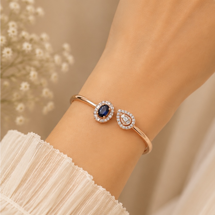 925 Sterling Silver Rose Gold Blue Stone Open Kada Bracelet for Women | Elegant Daily Wear Bracelet BR040