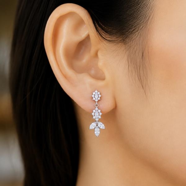 925 Sterling Silver Floral Drop Earrings with CZ Stones | Elegant Designer Earrings for Women ER013